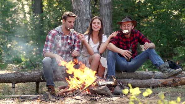 Summer Lifestyle, Company Having Hike Picnic Nature Background, Friends Roasting Hotdogs on Sticks