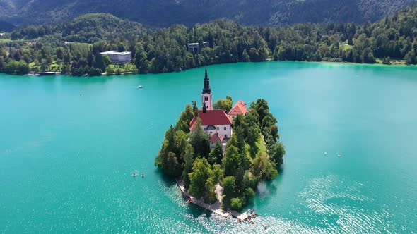 Lake Bled Island with church cinematic front view