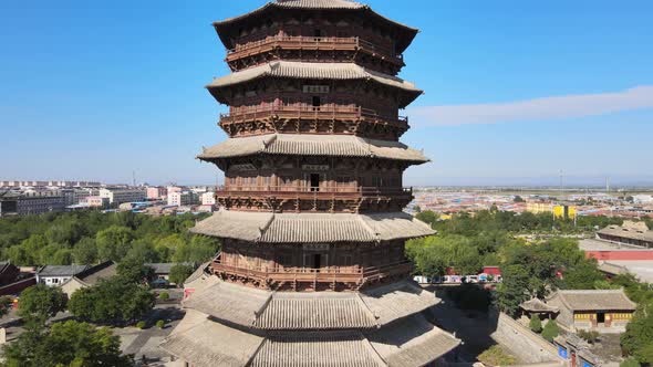 Famous Wooden Pagoda and Ancient Architecture, Blue Sky