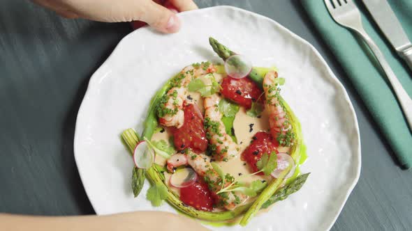 Grilled Prawns and Some Ingredients for Seasoning and Colorful Vegetables Salad High Kitchen