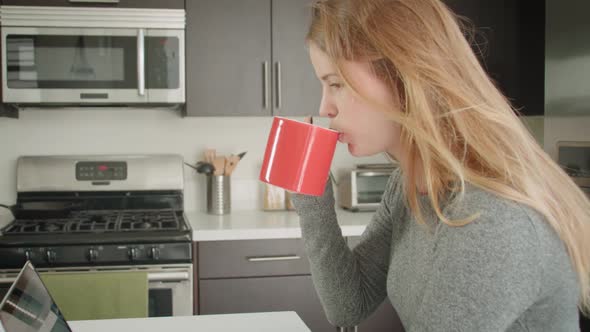 Attractive woman working from home while sitting in her kitchen