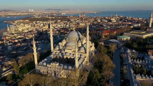 sunset aerial suleymaniye mosque drone image, istanbul TURKEY