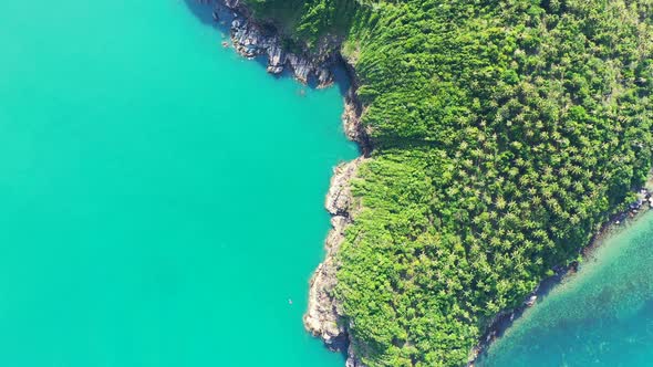 Wide angle aerial tourism shot of a white sand paradise beach and blue ocean background in best quality