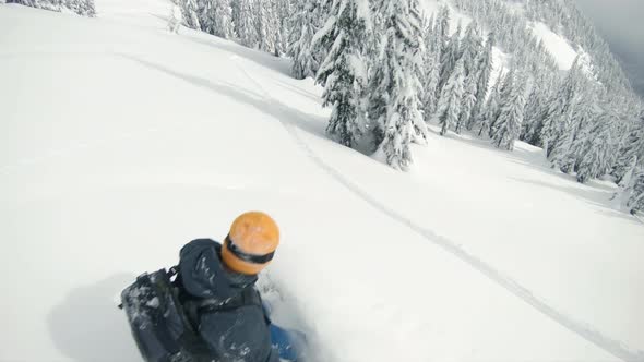 Backpacking Snowboarder Riding Deep Powder Snow Carving Mellow Turns