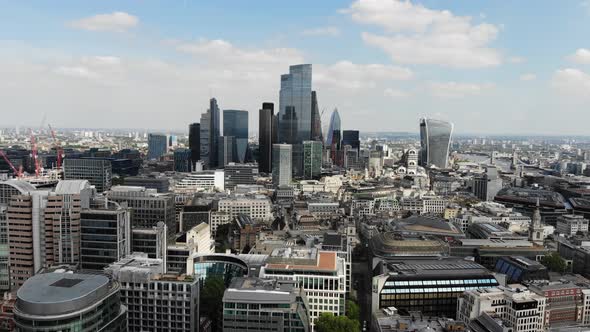 Aerial view of London Financial and Banking district with Canary Wharf in the background