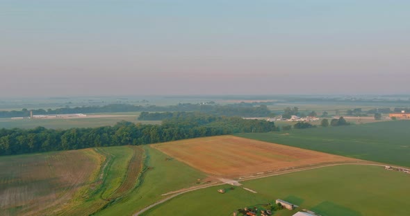 Landscape After Rain with a Light Haze Sunrise Dawn a Field with Green Grass Summer Near Road