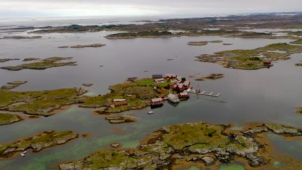 Flying towards a Fishing Village on an Archipelago