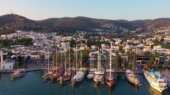 Aerial View of Coastline and Harbor in Bodrum Turkey