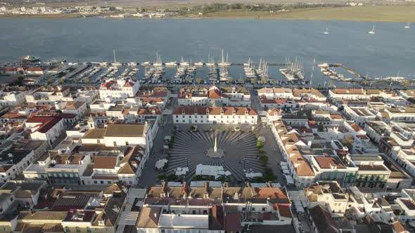 Praça Marquês de Pombal, main public square of Vila Real de Santo Antonio. Yachts and motorboats moo