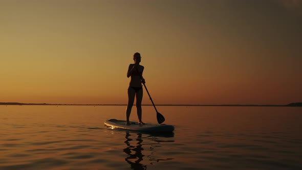 Siluet of Woman Standing on SUP Board and Paddling Through Shining Water Surface