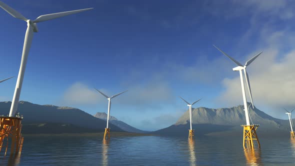 Offshore Wind turbines farm producing electricity from the force of a wind. 4KHD