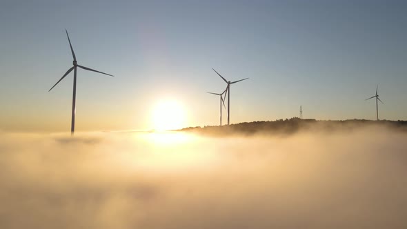 Wind Farm in the Fog at Sunrise