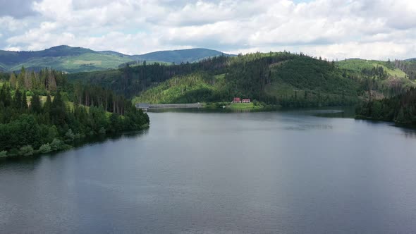 Aerial view of a water reservoir in the village of Nova Bystrica in Slovakia