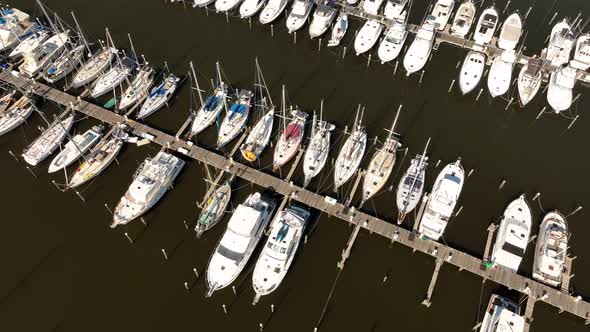 Aerial Overhead Shot Boats At Marina