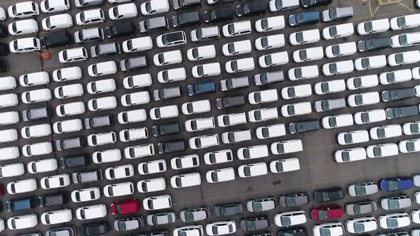 Motion Past Long Rows of Finished Cars in Factory Warehouse