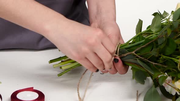 Florist Is Arranging Modern Bouquet. White. Close Up