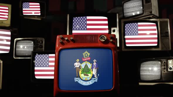 Flag of Maine and US Flags on Retro TVs.