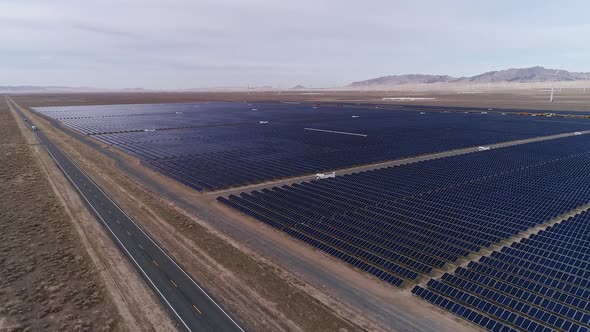 Solar farm from aerial view in the Utah desert producing energy