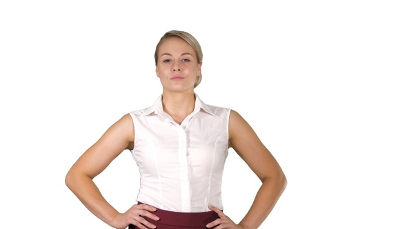 Confident Young Pretty Waitress Walking with Hands on Hip
