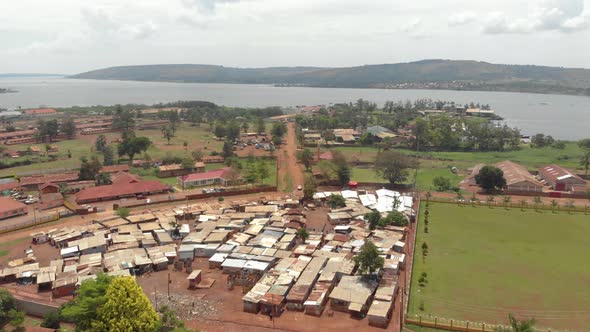 Aerial shot of a small slum on the shores of Lake Victoria.