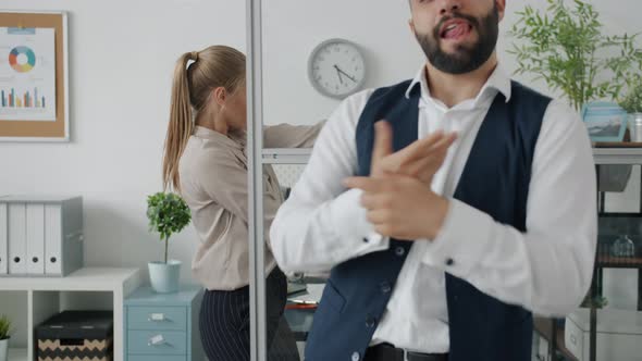 Carefree Businesswoman Dancing with Colleagues Multiethnic Group Smiling Having Fun