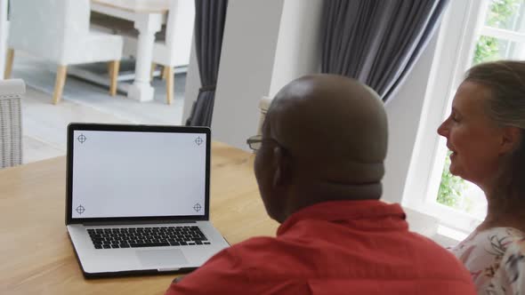 Happy senior diverse couple wearing shirts and using laptop with copy space in living room