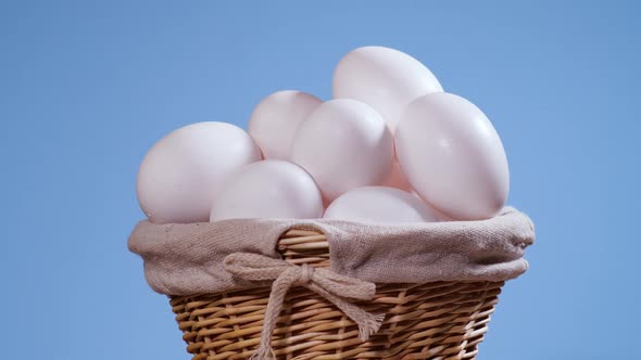 Chicken Eggs in the Basket Rotating Shot Chicken White Fresh Raw Eggs in an Egg Container