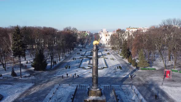 Aerial Drone Video Fo Glory Statue of Golden Eagle in City Centre of Poltava