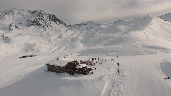 Aerial view of a chalet at a ski resort