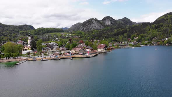 Scenic Aerial View of Mountain Village and Lake, Wolfgangsee, Salzburg, Austria, Alps