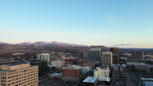 Rising aerial shot over Boise, Idaho's industrial downtown district.