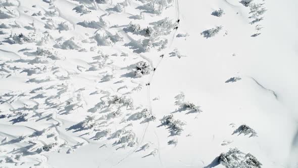 Skiers walking on a snow capped mountain 