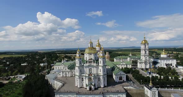 Aerial Pochaev Monastery, Orthodox Church in Ukraine, Pochayiv Lavra. Aerial view of Pochaiv