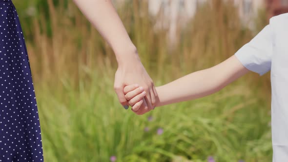 Close Up of Mother Holding Hand of Son on Spring Day Outdoors