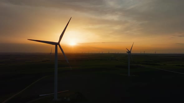 Aerial view of wind turbines in a summer field