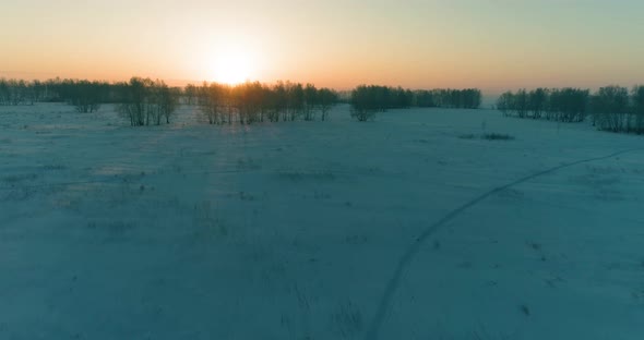 Aerial Drone View of Cold Winter Landscape with Arctic Field, Trees Covered with Frost Snow and
