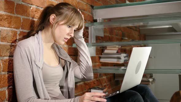 Angry Frustrated Woman Working on Laptop, Sitting on Stairs