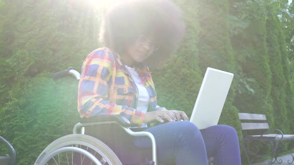 Portrait Smiling African American Woman with an Afro Hairstyle Disabled in a Wheelchair Uses a