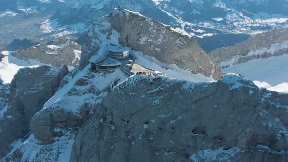 Mountain Pilatus and Tourists on Viewpoint in Winter. Switzerland. Aerial View