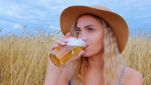 Young Beautiful Woman Drinks Beer in a Cereal Field