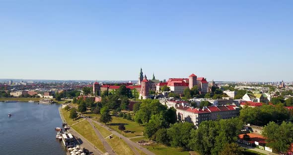 Aerial View of Wawel Castle and Vistula River. Krakow, Poland.