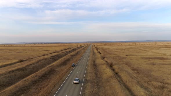 Flight Over Road In Steppe