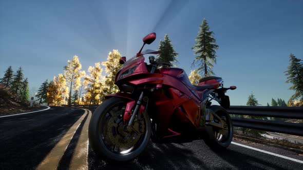 Sportbike on Tre Road in Forest with Sun Beams