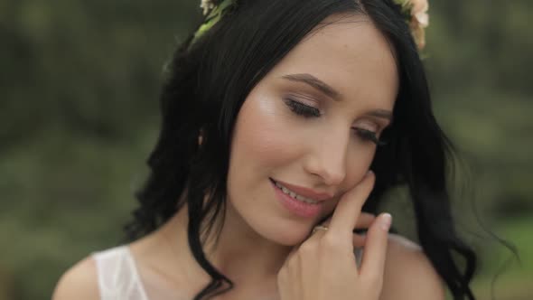 Beautiful and Lovely Bride in Wreath of Flowers. Woman in Love. Wedding