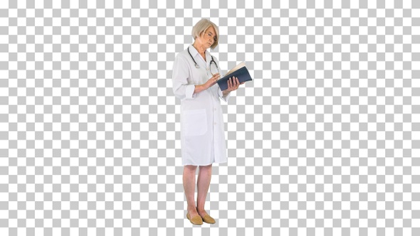 Mature woman doctor with a stethoscope reading log, Alpha Channel