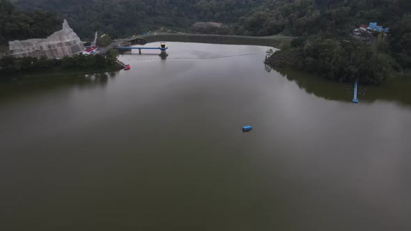 Aerial view of the Sermo reservoir in the late afternoon, the largest reservoir in Yogyakarta and th