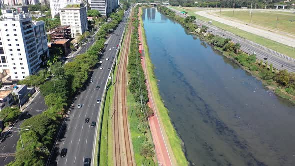 Famous buildings and highway road at downtown Sao Paulo Brazil.