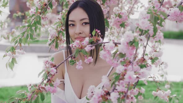 Portrait of a Beautiful Asian Girl Outdoors Against Spring Blossom Tree