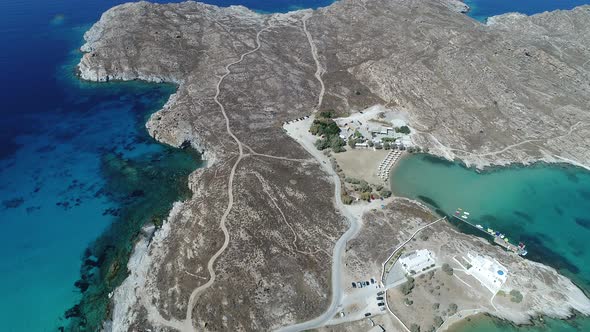 Piperi beach in Naoussa on Paros island in the Cyclades in Greece aerial view