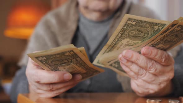 A Woman with Small Bills in Her Hands Counts the Remaining Savings